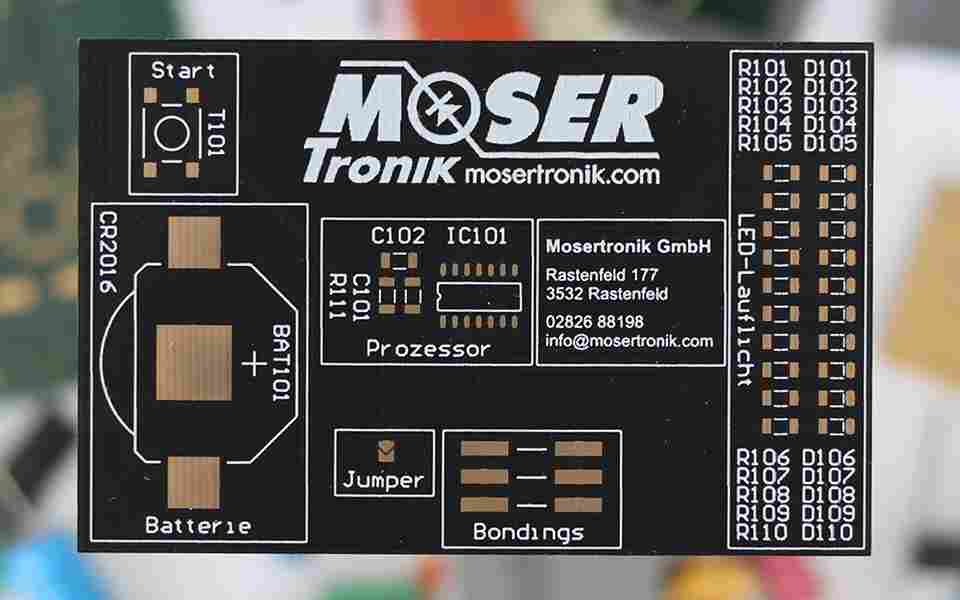 business-card-board-finished a self-developed business card for customers who are interested in hardware development, the business card also serves as a circuit board for an LED flashing circuit