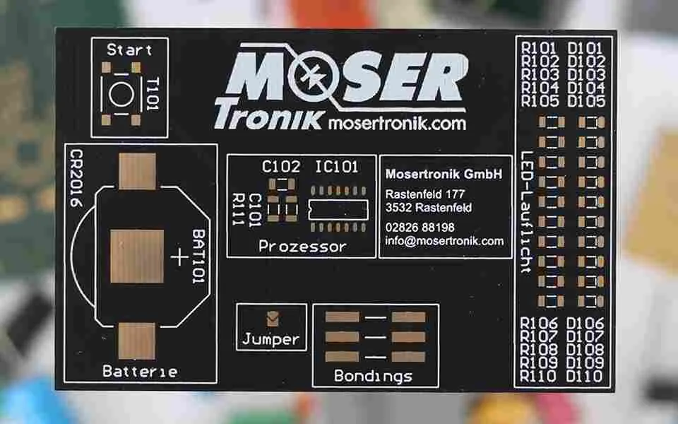 eine selbst entwickelte Visitenkarte für Kunden die an Hardware Entwicklung interessiert sind, die Visitenkarte dient auch als Platine für eine LED Blink Schaltung